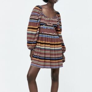 Zara Multicolored Pleated Babydoll Mini Fall Dress